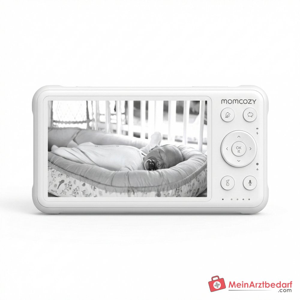 Babyphone vidéo Momcozy BM01 1080P Full HD, écran 5 pouces, batterie de 5000 mAh, rotation à 360 degrés, vision nocturne infrarouge, fonction VOX, audio bidirectionnel, capteur de température, portée de 960 pieds, connexion FHSS sans Wi-Fi.
