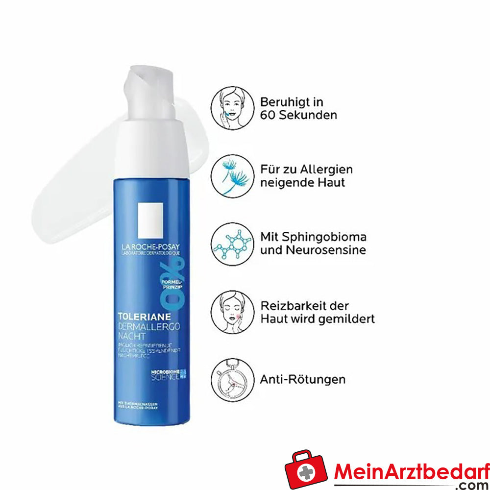 La Roche Posay Toleriane Dermallergo Nacht, Gesichtscreme bei trockener, empfindlicher und zu Allergien neigender Haut, 40ml.