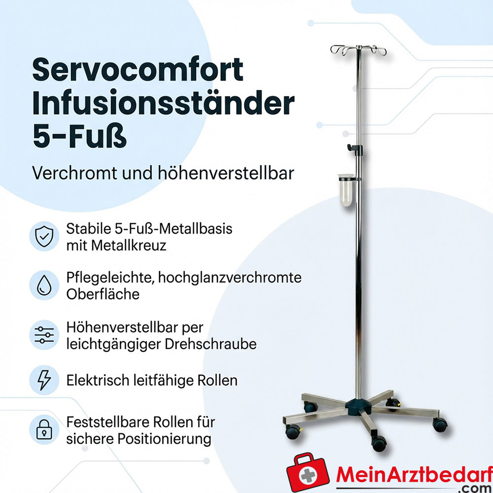 Servocomfort Infusionsständer 5-Fuß verchromt höhenverstellbar mit leitfähigen Feststellrollen