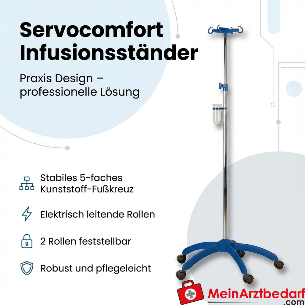 Servocomfort Infusionsständer blau, 5‑fach rostfreies Kunststoff-Fußkreuz, leitende Rollen, 2 feststellbar