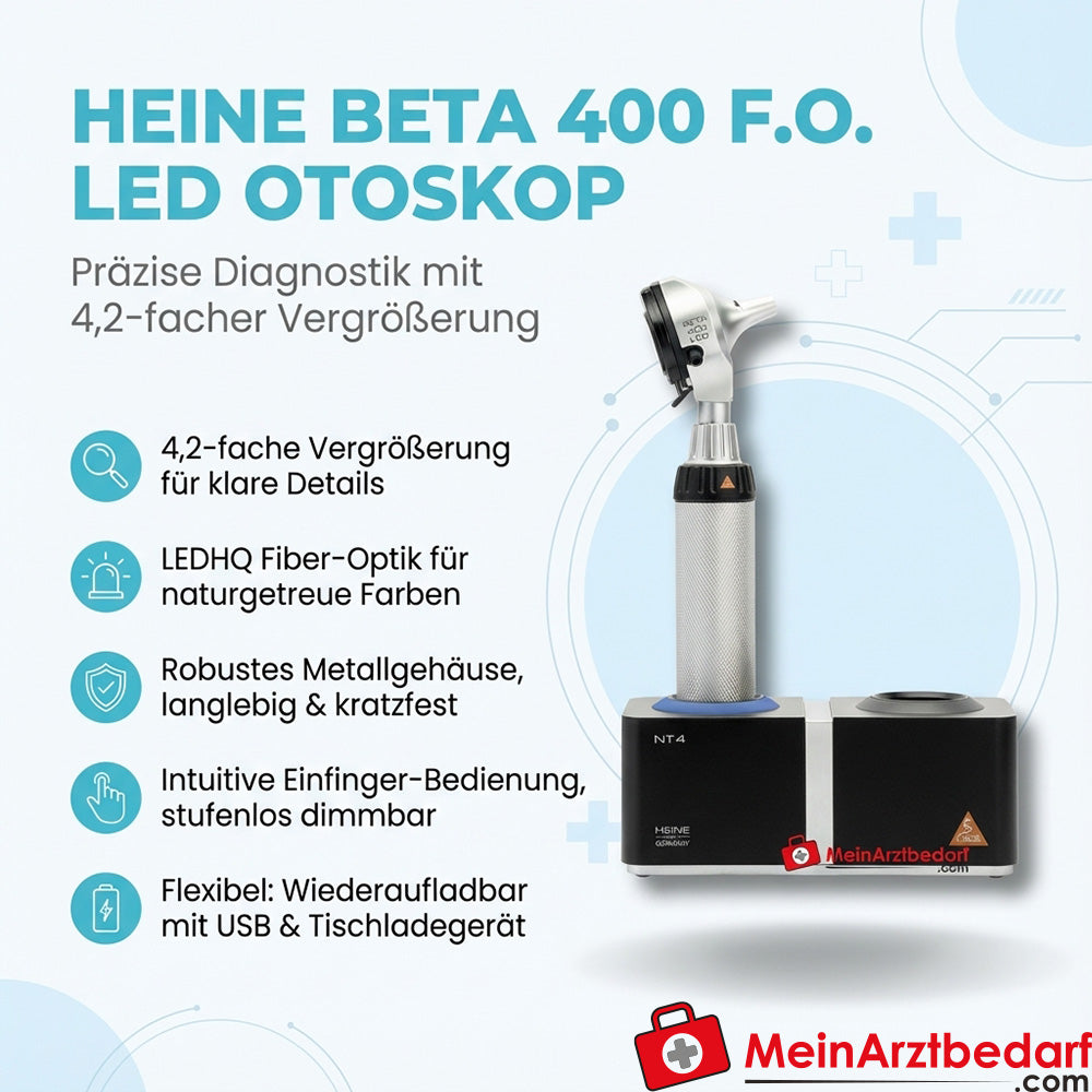 Otoskop Heine BETA 400 F.O. LED z uchwytem ładującym BETA4 NT i ładowarką biurkową NT4