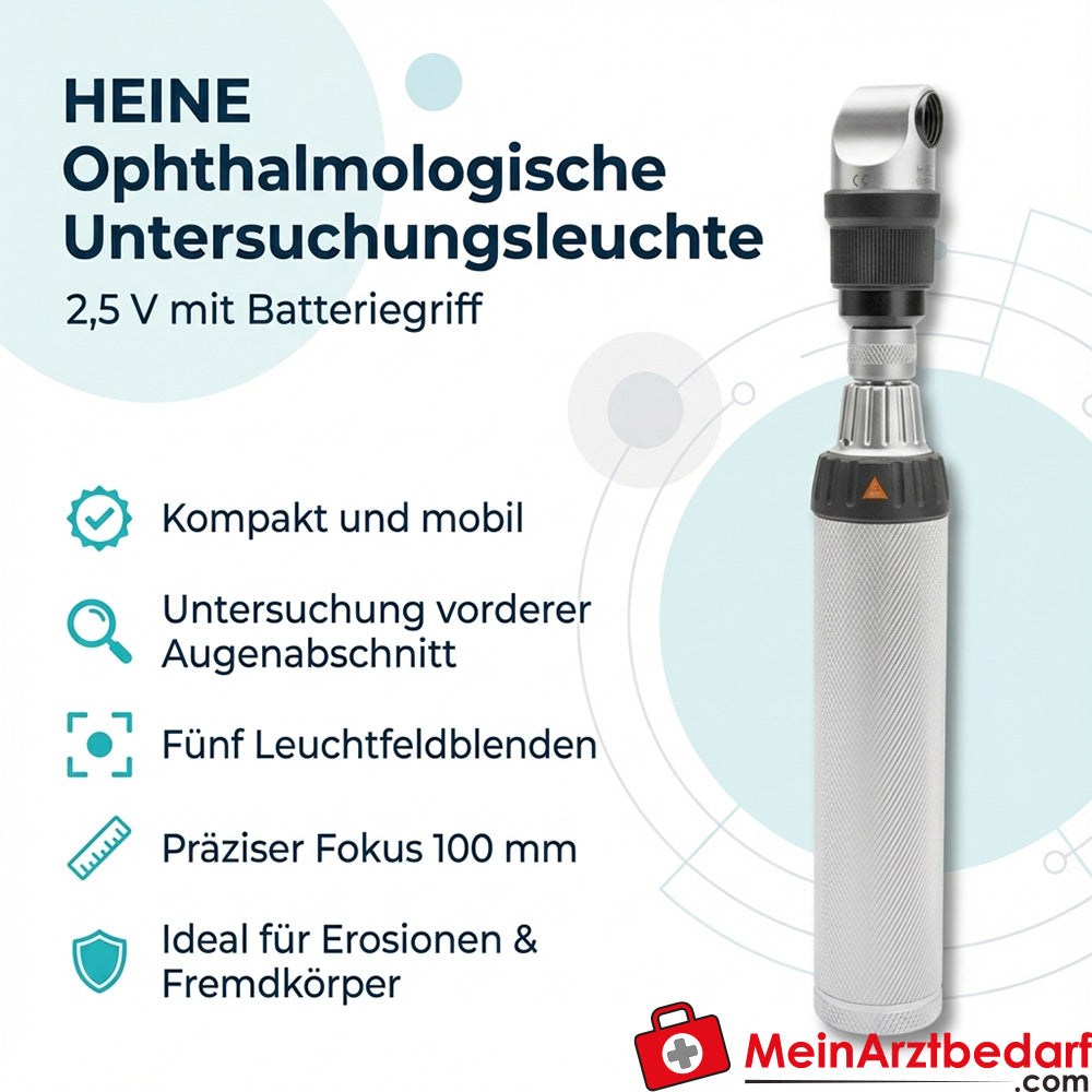 Lampe d'Examen Ophtalmologique HEINE 2,5 V avec poignée à piles, 5 diaphragmes de champ, foyer 100 mm