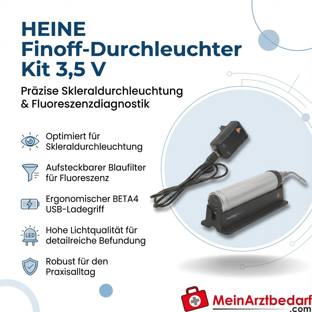 Kit de fluoroscopie HEINE Finoff 3,5 V BETA4 Poignée de charge USB Filtre bleu Transillumination sclérale