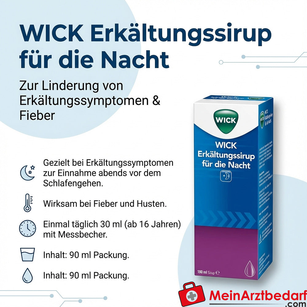Wick Sirop contre le rhume nuit 90 ml, décongestionnant des muqueuses et calmant la toux, analgésique