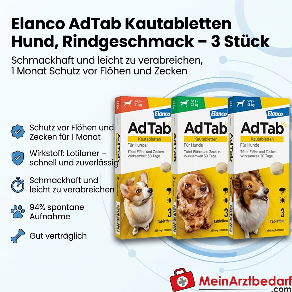 Elanco AdTab Kautabletten Hund 3 St. Lotilaner Rindgeschmack – 1 Monat Schutz vor Flöhen und Zecken
