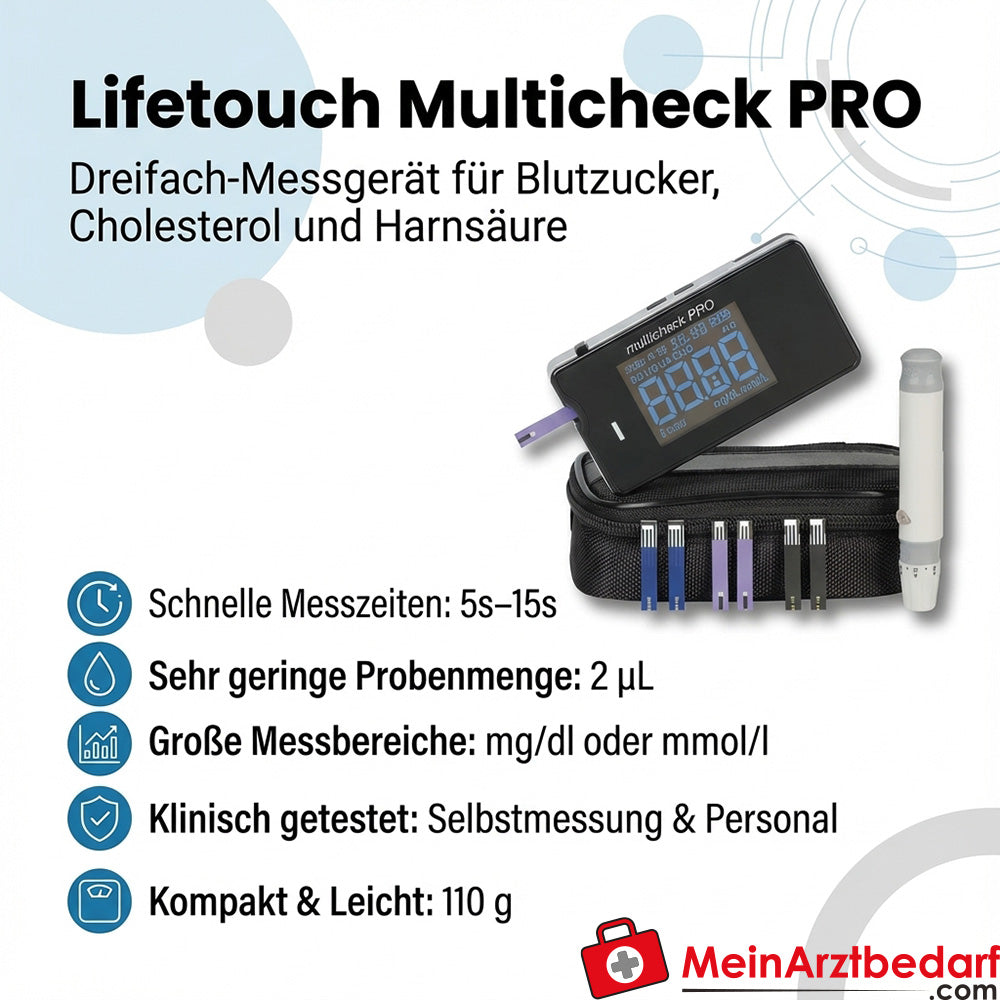 Lifetouch Multicheck PRO drievoudig meetapparaat glucose cholesterol urinezuur 2 µL