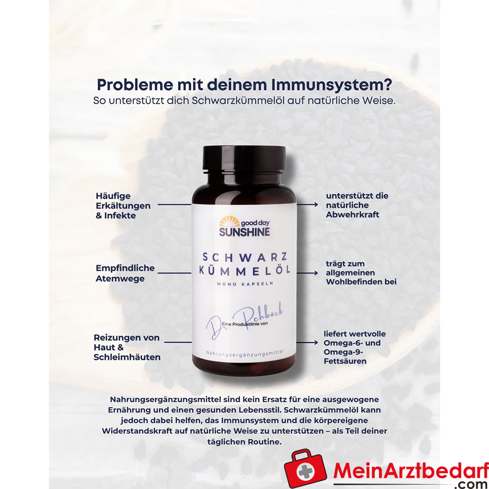 Good Day Sunshine Huile de cumin noir en mono-capsules - Soutien naturel pour le métabolisme des graisses et la prise de conscience du cholestérol (90 capsules)
