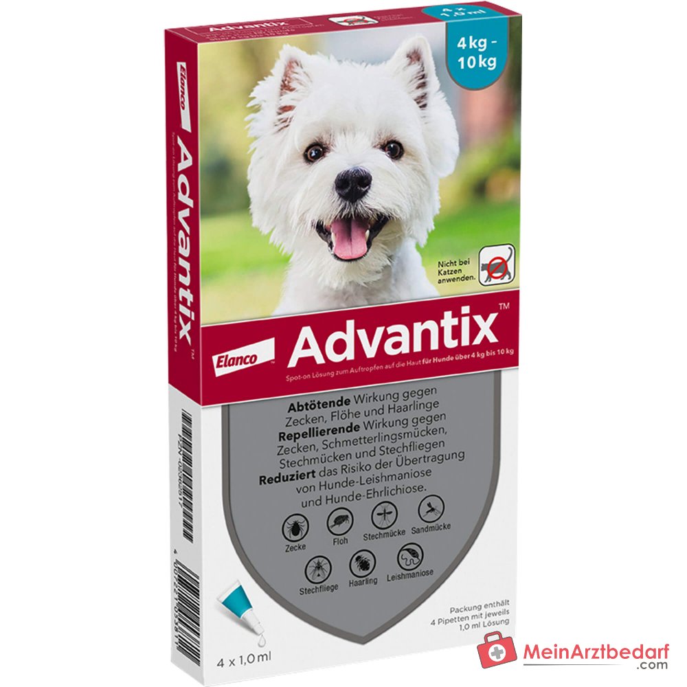 Elanco Advantix Spot-on solution Imidaclopride / Pyréthroïde pour chiens de 4 à 10 kg, 4 pièces.