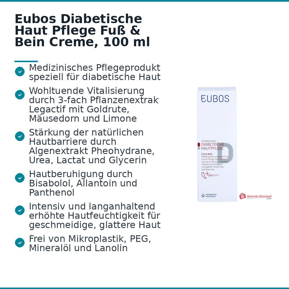 Eubos Diabetische Hautpflege Fuß und Bein Urea / Lactat / Glycerin / Bisabolol / Allantoin / Panthenol Creme, 100 ml.