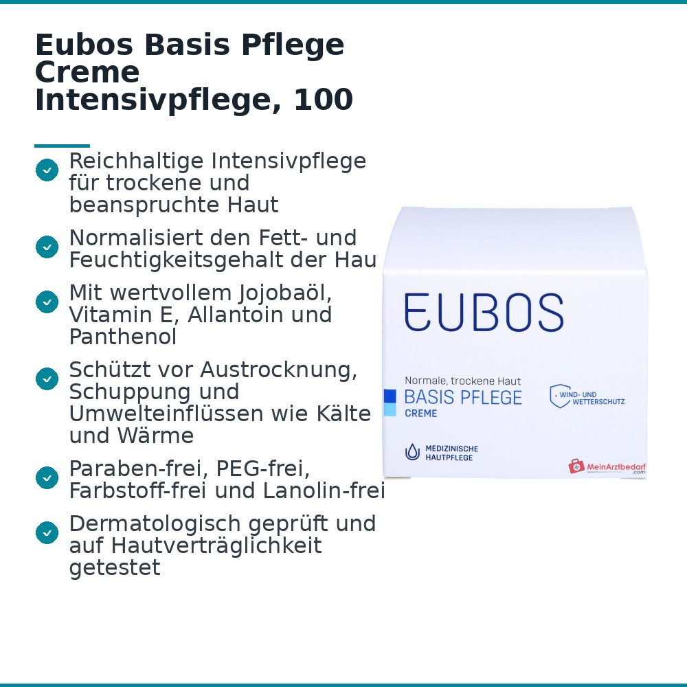Eubos Basis Pflege Creme Intensivpflege Jojobaöl / Vitamin E / Allantoin / Panthenol Creme, 100 ml.