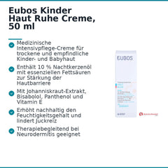 Eubos Kinder Haut Ruhe Nachtkerzenöl / Panthenol / Bisabolol / Allantoin / Johanniskraut-Extrakt Creme, 50 ml.