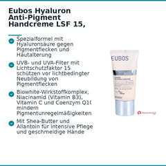 Eubos Hyaluron Anti-Pigment Handcreme LSF 15 Hyaluronsaeure / Vitamin C / Vitamin E / Coenzym Q10 / Niacinamid / Biowhite Creme, 50 ml.