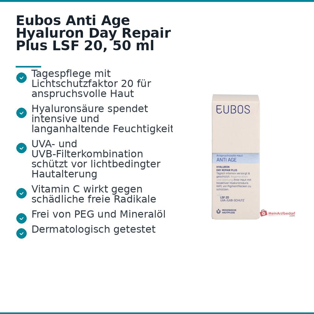 Eubos Anti Age Hyaluron Repair Filler Day Plus Hyaluronsäure / Vitamin C Tagescreme mit LSF 20, 50 ml.
