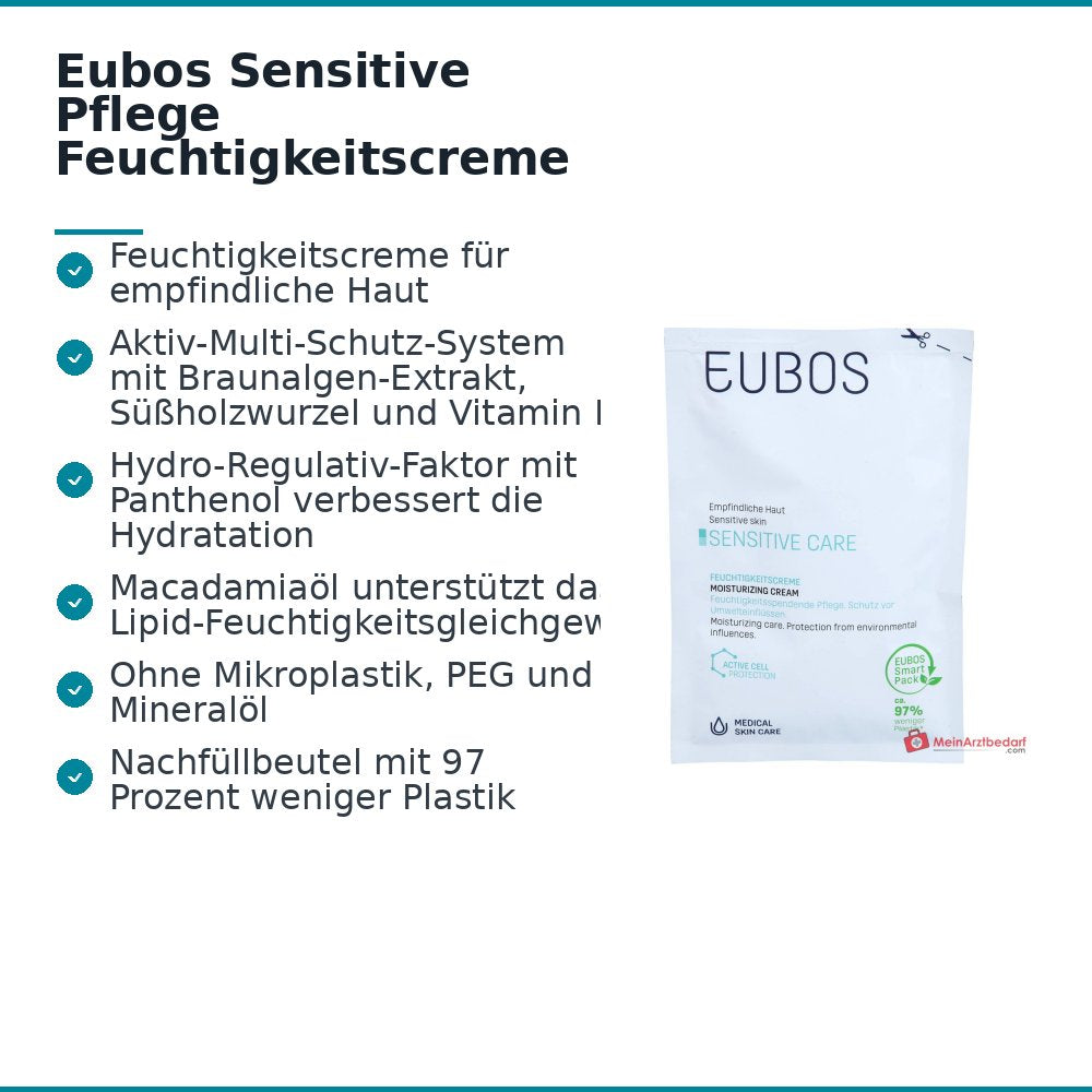 Eubos Sensitive Pflege Feuchtigkeitscreme Braunalge / Süßholzwurzel / Vitamin E / Panthenol / Macadamiaöl Nachfüllbeutel, 50 ml.