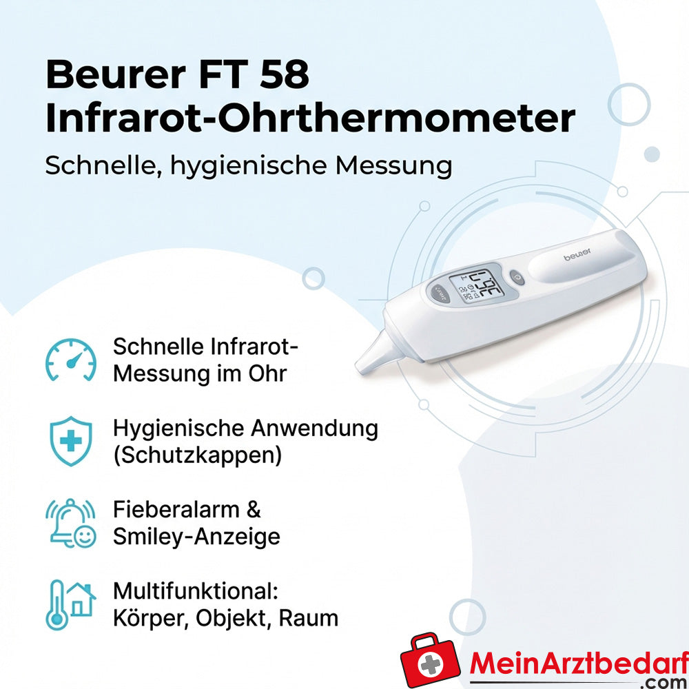 Beurer FT 58 Thermomètre auriculaire à infrarouge Alarme de fièvre Affichage de smiley 10 mémoires Capuchons de protection interchangeables