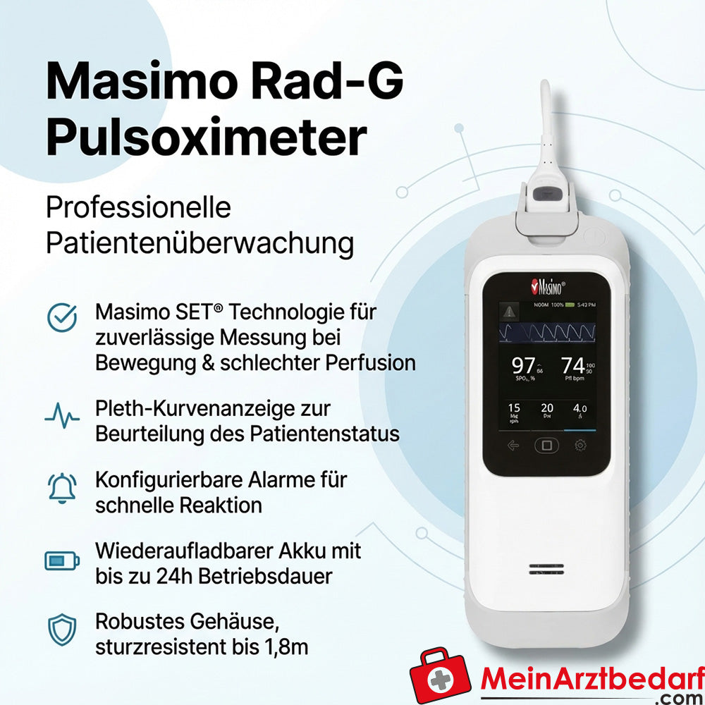 Masimo Rad-G pulsoximeter met Masimo SET, draagbaar, oplaadbaar, robuust, 24-uurs batterij