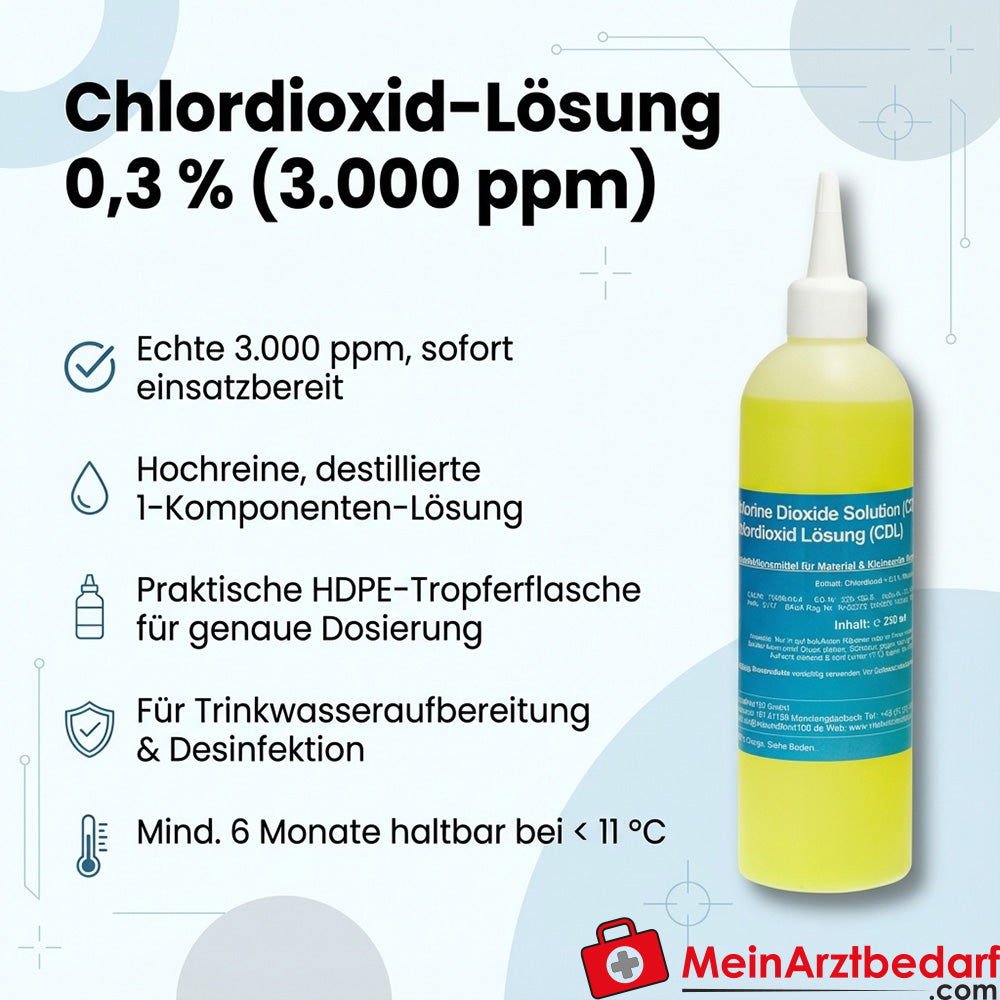 Chloordioxide-oplossing 0,3% (3000 ppm) 250 ml HDPE druppelflesje