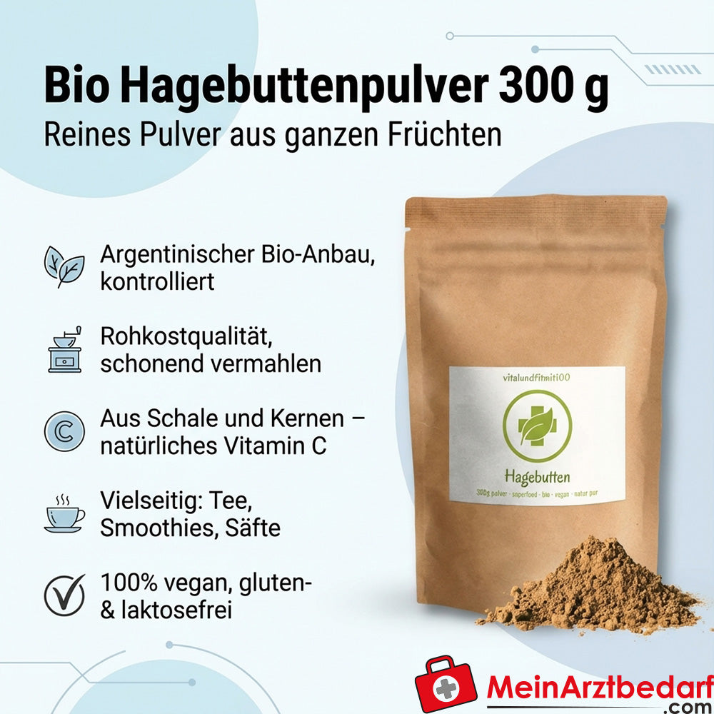 Hagebuttenpulver 300 g, Rohkostqualität aus ganzen Früchten, vegan