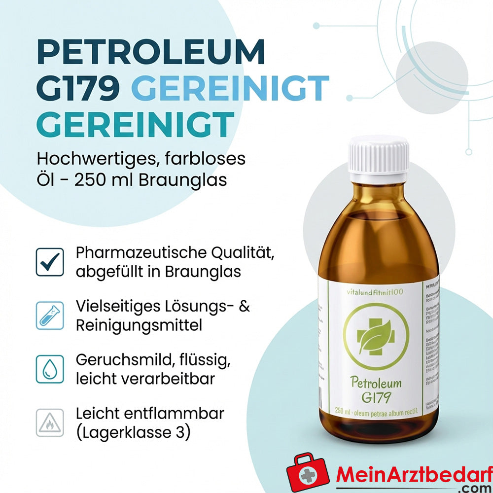 Petroleum G179 gezuiverd 250 ml amberkleurige glazen fles Solventdrager