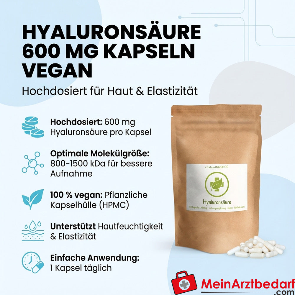Ácido hialurónico 600 mg cápsulas veganas 800-1500 kDa