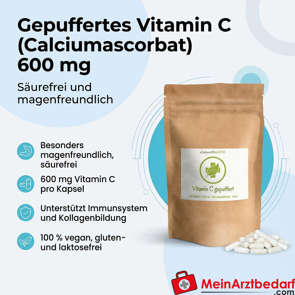 Gebufferde vitamine C (calciumascorbaat) 600 mg capsules zuurvrij veganistisch