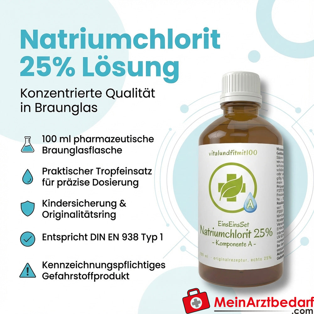 Natriumchloriet 25% (NaClO2) oplossing 100 ml amberkleurig glazen flesje met druppelaar