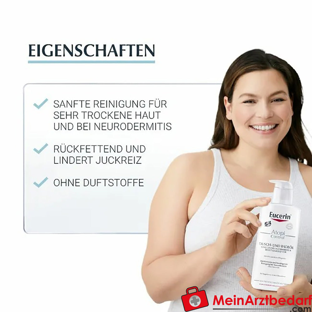 Eucerin® AtopiControl Dusch-und Badeöl – reinigt extra rückfettend und beruhigt atopische Haut & zur Linderung von Juckreiz bei Neurodermitis, 400ml.