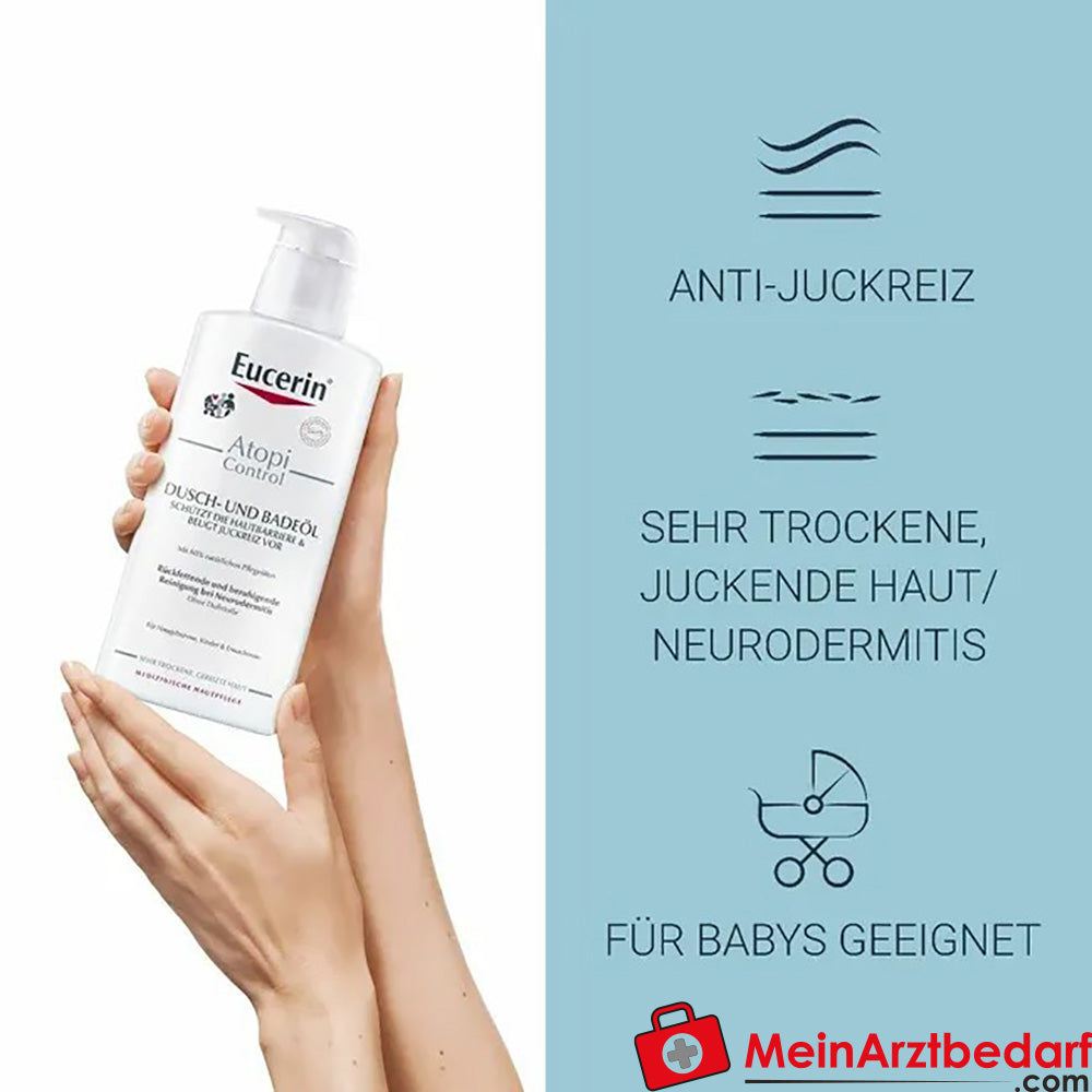 Eucerin® AtopiControl Dusch-und Badeöl – reinigt extra rückfettend und beruhigt atopische Haut & zur Linderung von Juckreiz bei Neurodermitis, 400ml.