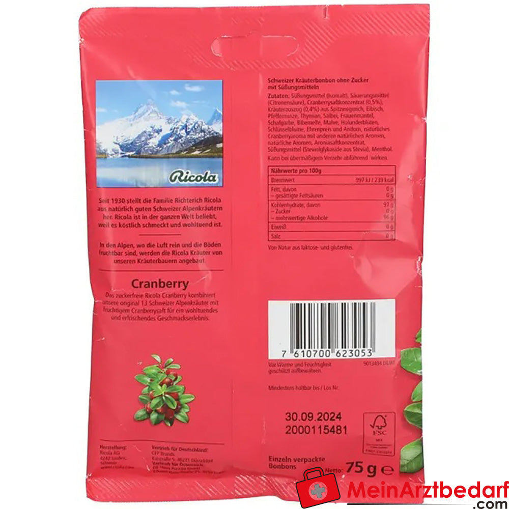 Ricola® Schweizer Kräuterbonbons Cranberry ohne Zucker, 75g.